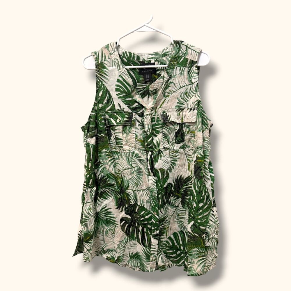 Tahari Tank Top Women 1X Green Tropical Leaf Linen Button Front Tunic Sleeveless